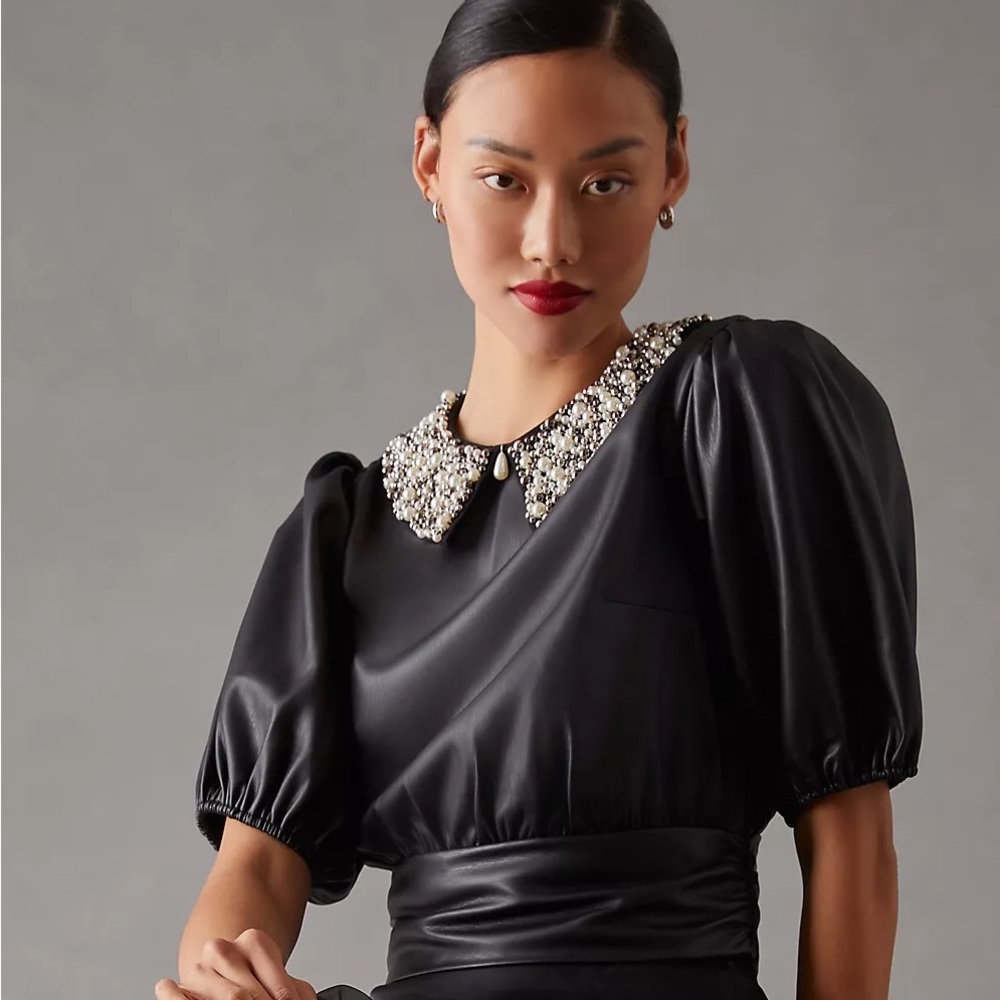 New Women’s Maeve Faux Leather Puff-Sleeve Blouse By Anthropologie!!🔥🔥🔥 - Picture 1 of 16